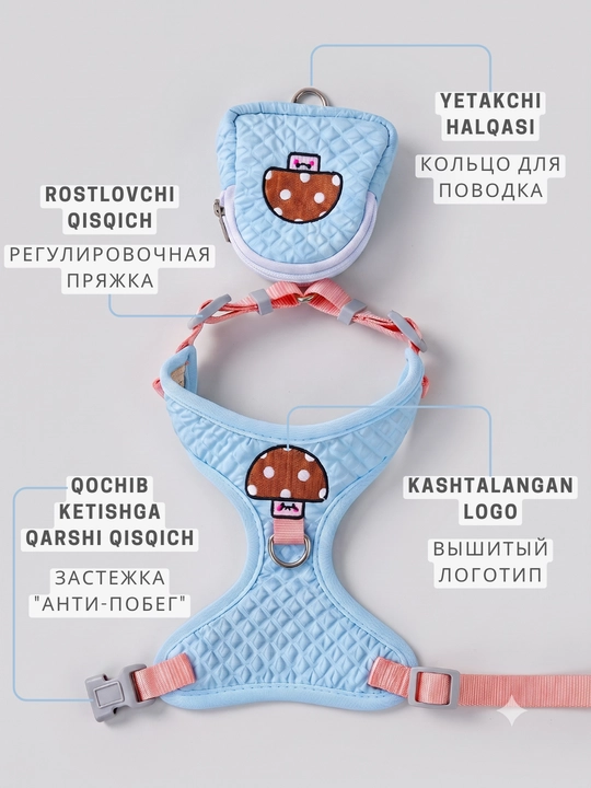 Kichik itlar va mushuklar uchun Kimpets anatomik shleykasi yetak va mini-ryukzak bilan
