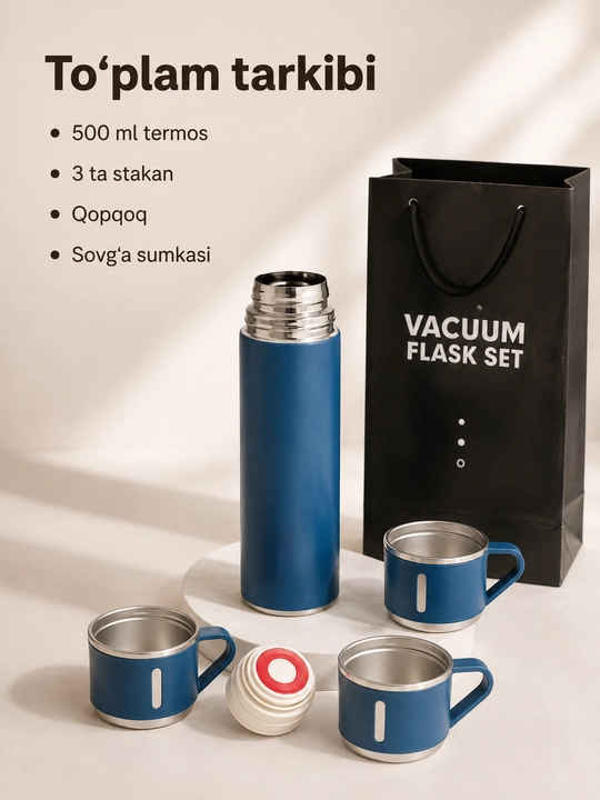 Zanglamaydigan po‘latdan yasalgan termos, 500 ml, 3 ta krujka bilan