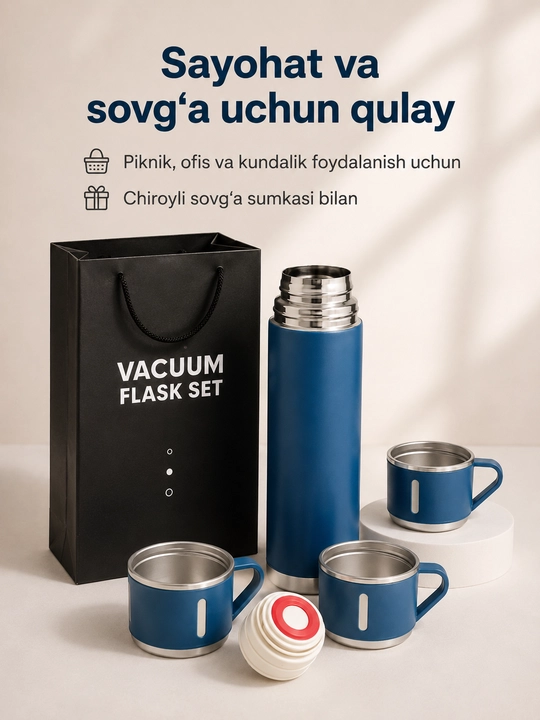 Zanglamaydigan po‘latdan yasalgan termos, 500 ml, 3 ta krujka bilan