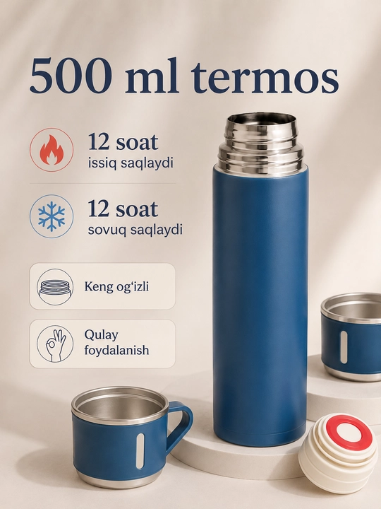 Zanglamaydigan po‘latdan yasalgan termos, 500 ml, 3 ta krujka bilan