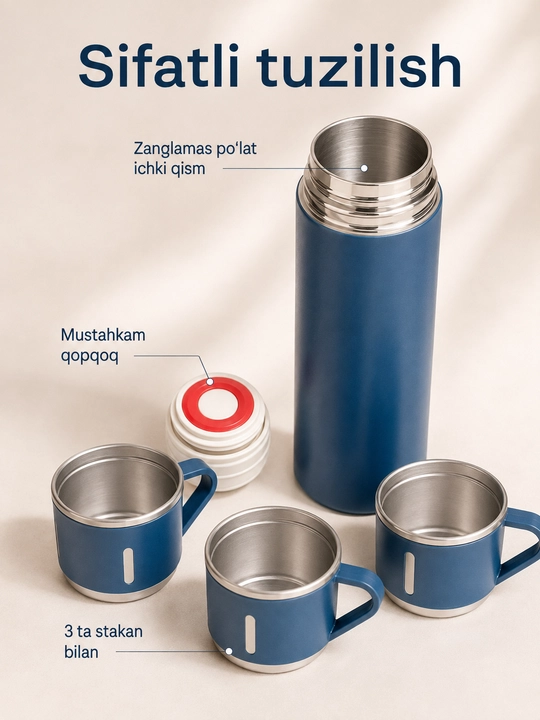 Zanglamaydigan po‘latdan yasalgan termos, 500 ml, 3 ta krujka bilan