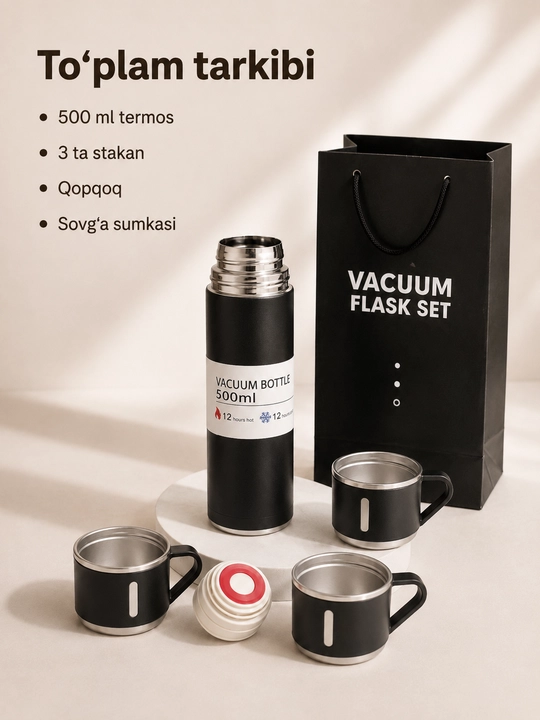 Zanglamaydigan po‘latdan yasalgan termos, 500 ml, 3 ta krujka bilan