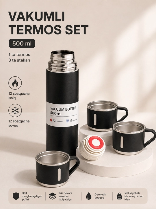 Zanglamaydigan po‘latdan yasalgan termos, 500 ml, 3 ta krujka bilan - 