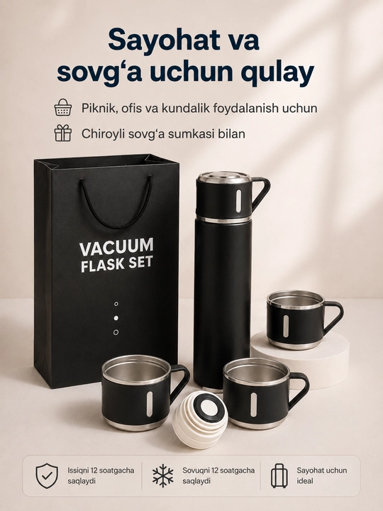 Zanglamaydigan po‘latdan yasalgan termos, 500 ml, 3 ta krujka bilan