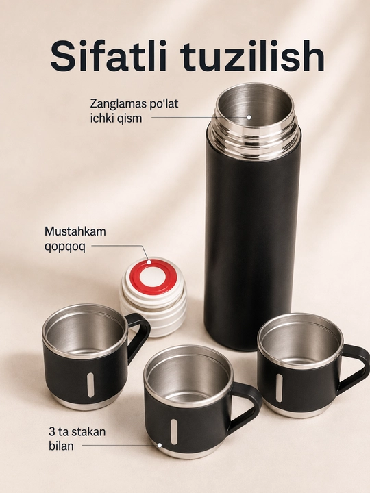 Zanglamaydigan po‘latdan yasalgan termos, 500 ml, 3 ta krujka bilan