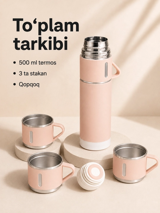 Zanglamaydigan po‘latdan yasalgan termos, 500 ml, 3 ta krujka bilan