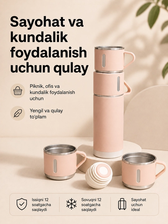 Zanglamaydigan po‘latdan yasalgan termos, 500 ml, 3 ta krujka bilan