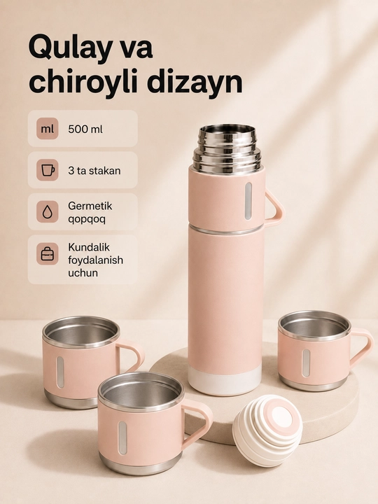 Zanglamaydigan po‘latdan yasalgan termos, 500 ml, 3 ta krujka bilan
