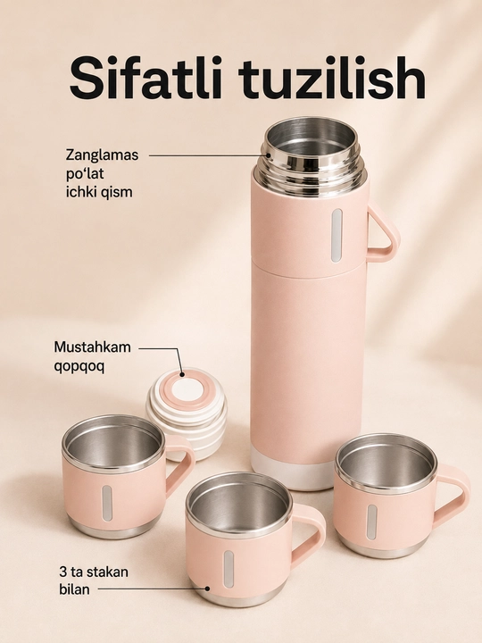 Zanglamaydigan po‘latdan yasalgan termos, 500 ml, 3 ta krujka bilan