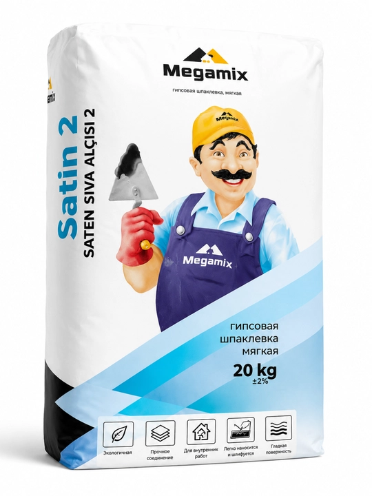 Megamix Satin 2 gipsli finish shpaklyovka 20 kg, ichki devor va shiftlar uchun