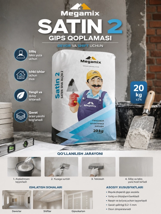 Megamix Satin 2 gipsli finish shpaklyovka 20 kg, ichki devor va shiftlar uchun