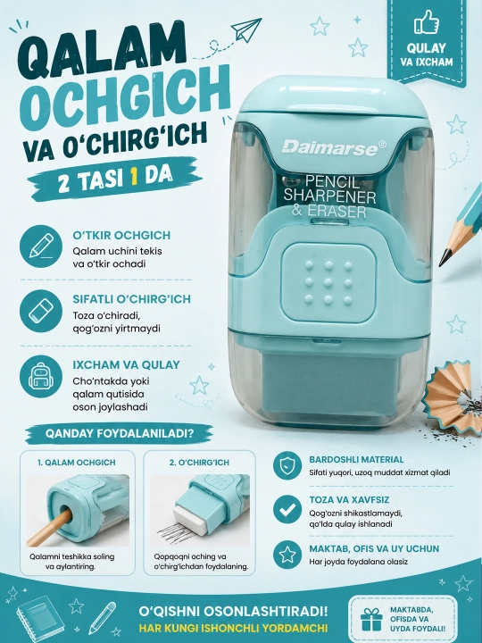 Qalam ochgich va o‘chirg‘ich 2 tasi 1 da. Qiz va o'g'il bolalar uchun - 