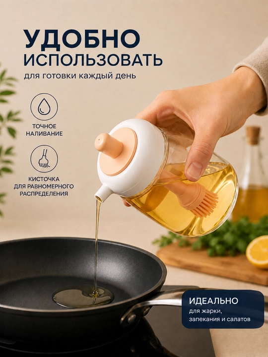 Silikon cho'tkali yog' idishi, dozatorli shisha yog' idishi va quyish tumshug'i bilan