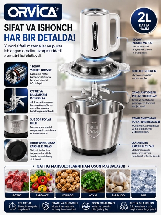 Измельчитель ORVICA ORM-7913 2 л, 1500 Вт, с чашей из нержавеющей стали