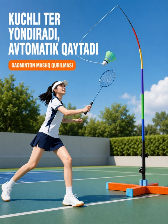 Badminton mashq qurilmasi, avtomatik qaytuvchi volan trenajyori, balandligi sozlanadigan