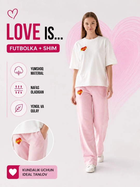 Женский спортивный костюм "Love Is", белая футболка и тёмно-синие широкие брюки - 