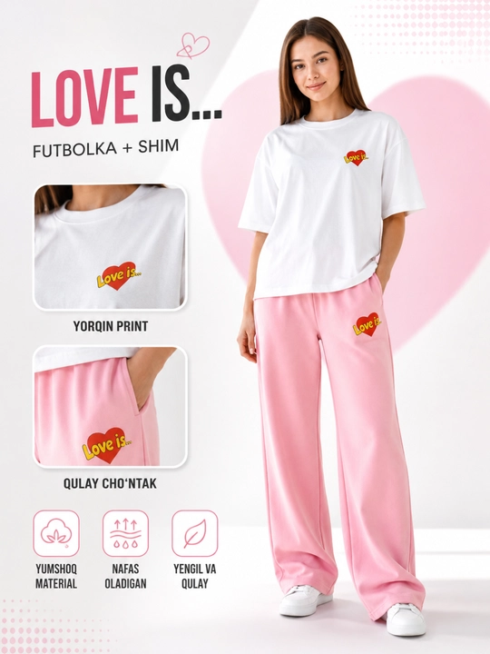 Женский спортивный костюм "Love Is", белая футболка и тёмно-синие широкие брюки