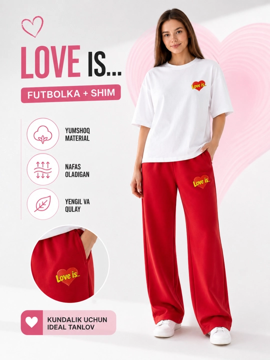 Ayollar uchun "Love Is" printli yozgi sport kostyumi, oq futbolka va to'q ko'k keng shim