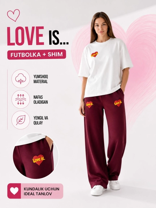 Ayollar uchun "Love Is" printli yozgi sport kostyumi, oq futbolka va to'q ko'k keng shim