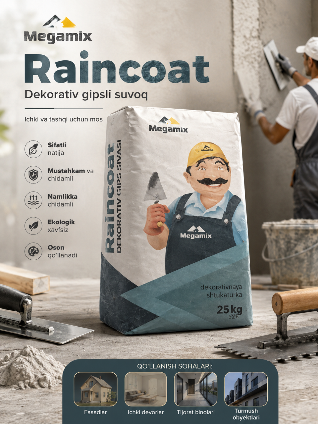 Megamix RaincoatDecor dekorativ sementli suvoq ichki va tashqi devorlar uchun kulrang 25kg - 