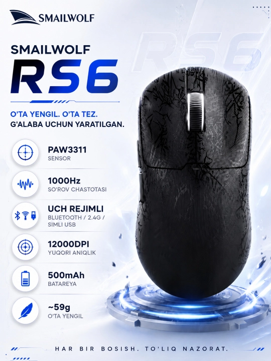 Игровая мышь SMAILWOLF RS6 беспроводная, легкая, оптическая, для ПК