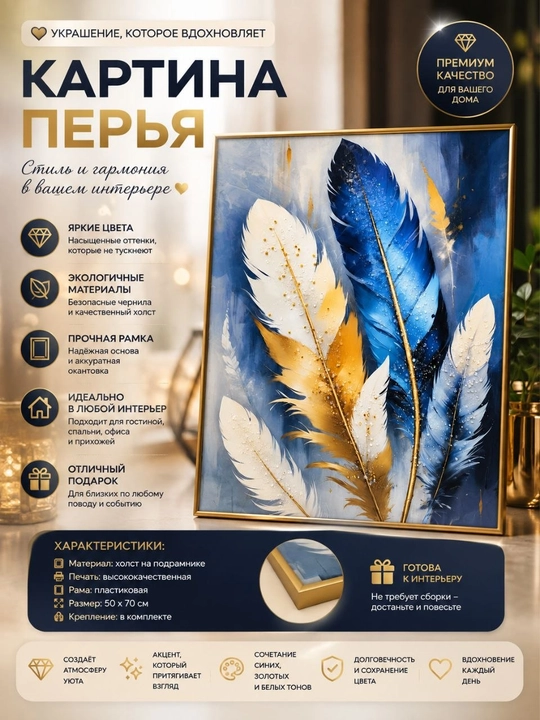 Интерьерная картина "Перья" в синих и золотых тонах - 