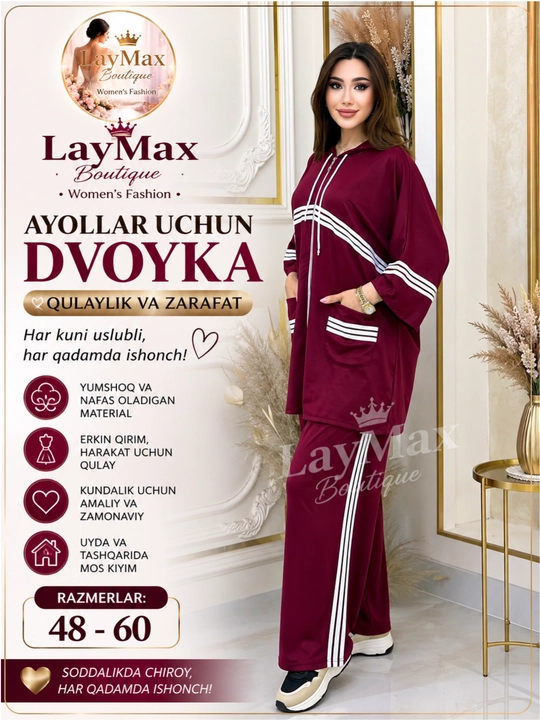 Ayollar kapyushonli sport kostyumi, katta o‘lchamlar 48-60, kundalik