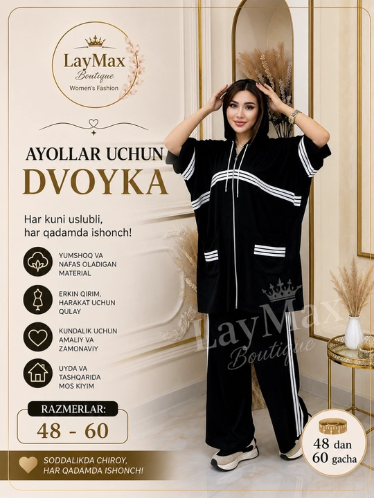 Ayollar kapyushonli sport kostyumi, katta o‘lchamlar 48-60, kundalik