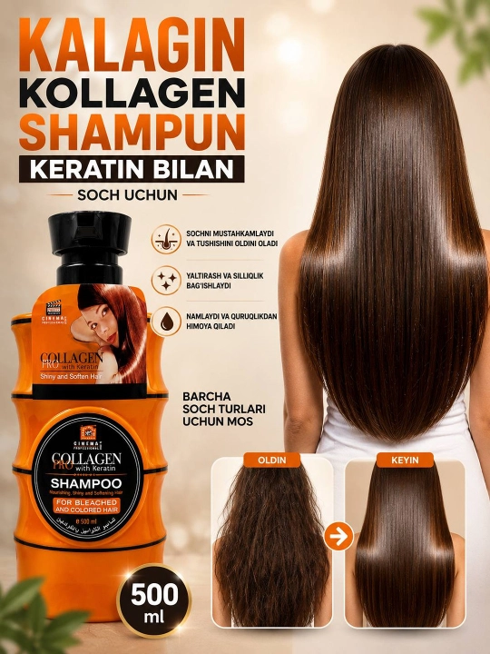 Ayollar uchun keratinli shampun, xushbo'y hidli, COLAGEN PRO, 500 ml