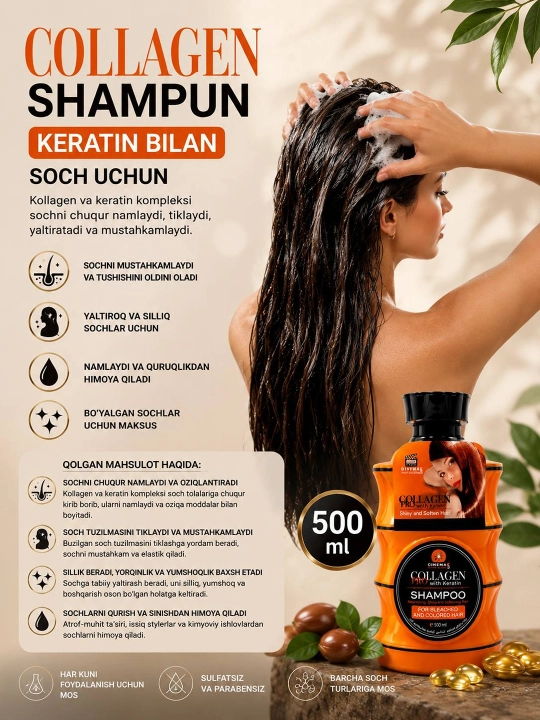 Ayollar uchun keratinli shampun, xushbo'y hidli, COLAGEN PRO, 500 ml
