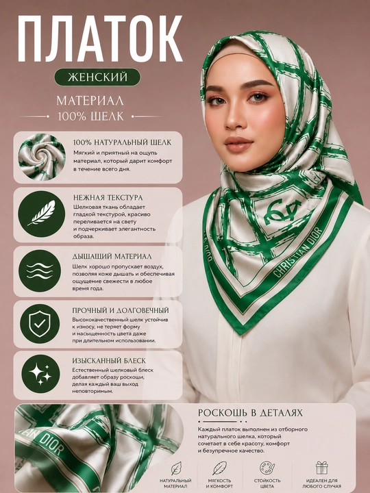 Fashion Elegant Silk ayollar ro‘molchasi, naqshli to‘rtburchak atlas ro‘mol