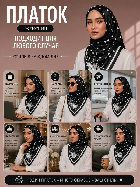 Fashion Elegant Silk ayollar ro‘molchasi, naqshli to‘rtburchak atlas ro‘mol