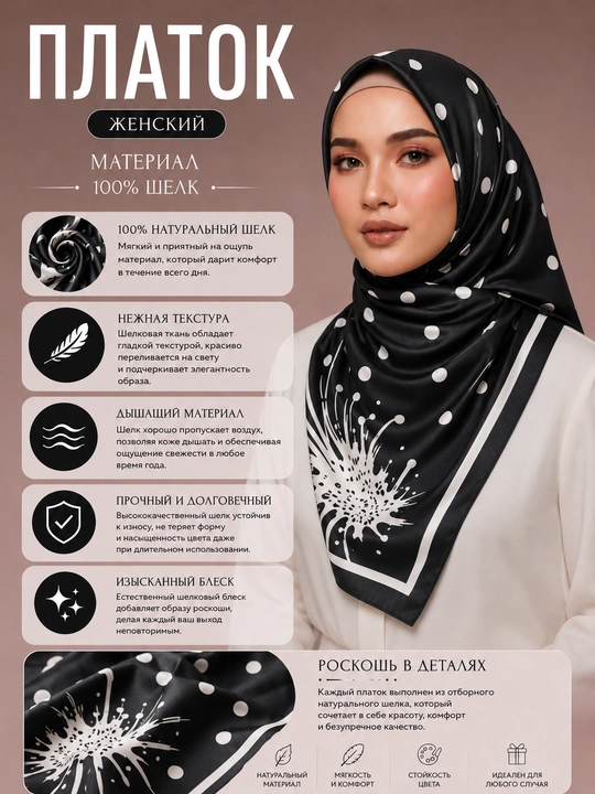 Fashion Elegant Silk ayollar ro‘molchasi, naqshli to‘rtburchak atlas ro‘mol