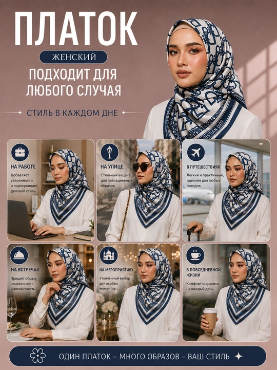 Fashion Elegant Silk ayollar ro‘molchasi, naqshli to‘rtburchak atlas ro‘mol