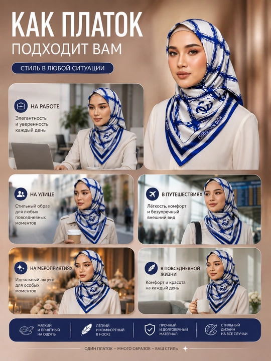 Fashion Elegant Silk ayollar ro‘molchasi, naqshli to‘rtburchak atlas ro‘mol