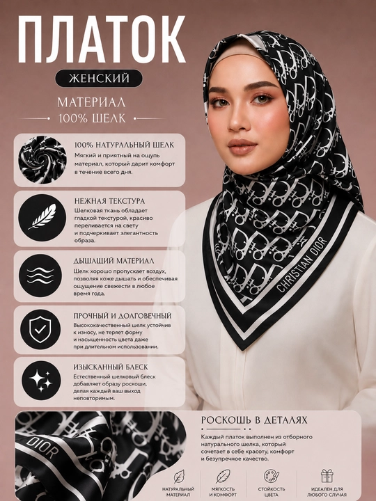 Fashion Elegant Silk ayollar ro‘molchasi, naqshli to‘rtburchak atlas ro‘mol
