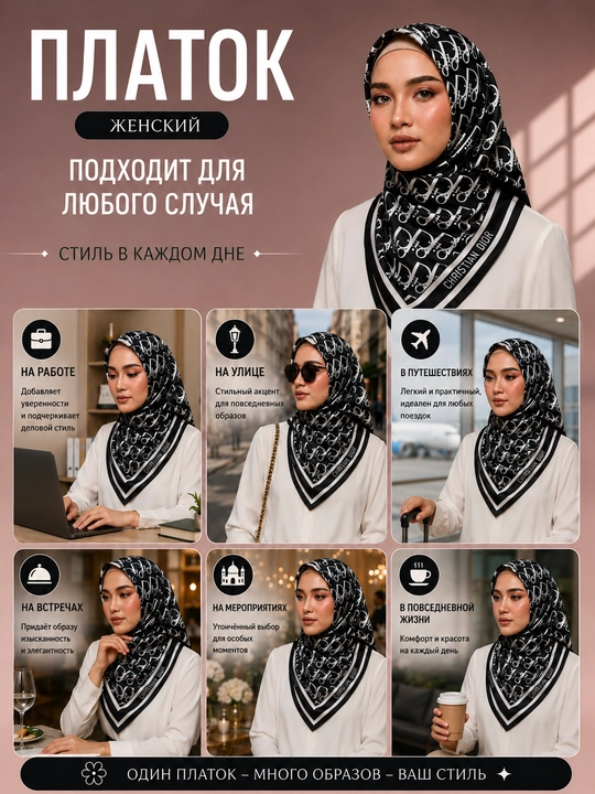 Fashion Elegant Silk ayollar ro‘molchasi, naqshli to‘rtburchak atlas ro‘mol