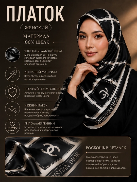 Fashion Elegant Silk ayollar ro‘molchasi, naqshli to‘rtburchak atlas ro‘mol
