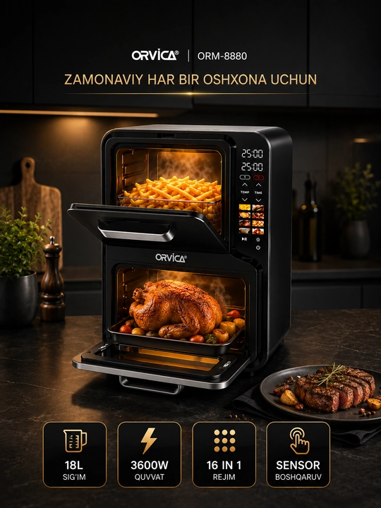 Аэрогриль ORVICA ORM-8850, сенсорное управление, 12 л, 2800 Вт, черный