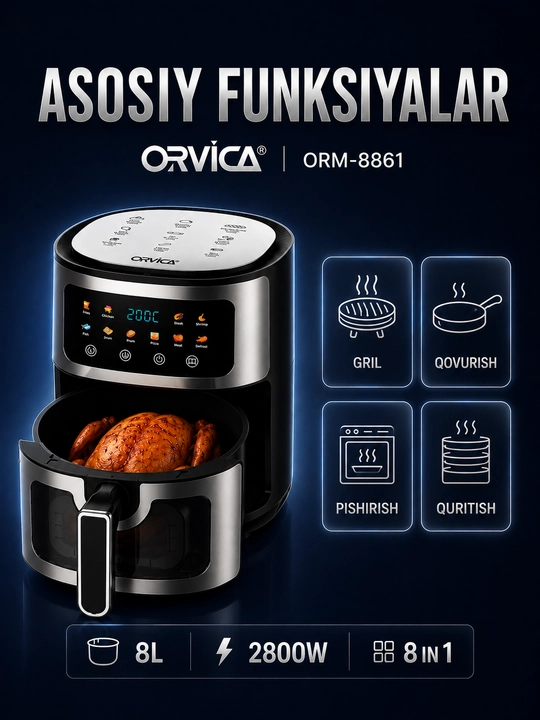 Аэрогриль ORVICA ORM-8850, сенсорное управление, 12 л, 2800 Вт, черный