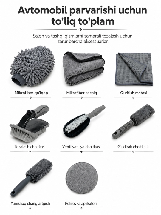Avtomobil parvarishi uchun premium tozalash aksessuarlari to'plami - 