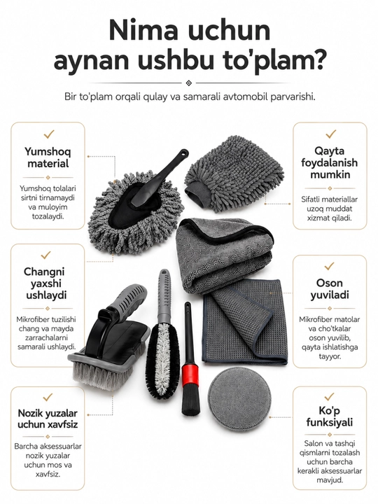 Avtomobil parvarishi uchun premium tozalash aksessuarlari to'plami