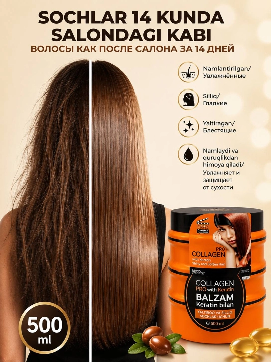 Профессиональный бальзам для волос COLLAGEN PRO с кератином для поврежденных волос, 500 мл
