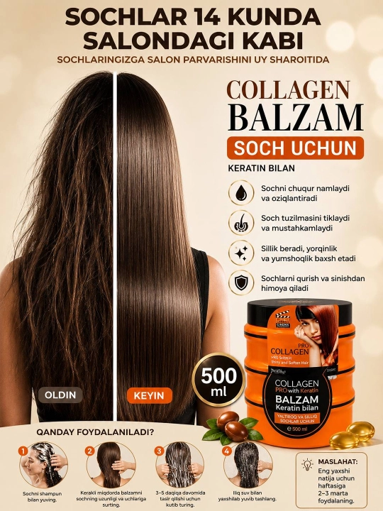 Профессиональный бальзам для волос COLLAGEN PRO с кератином для поврежденных волос, 500 мл