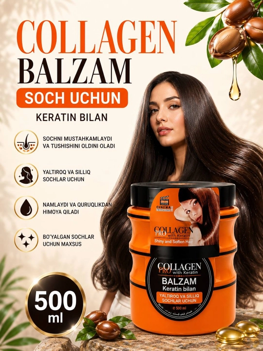 Профессиональный бальзам для волос COLLAGEN PRO с кератином для поврежденных волос, 500 мл - 