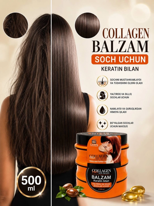 Профессиональный бальзам для волос COLLAGEN PRO с кератином для поврежденных волос, 500 мл