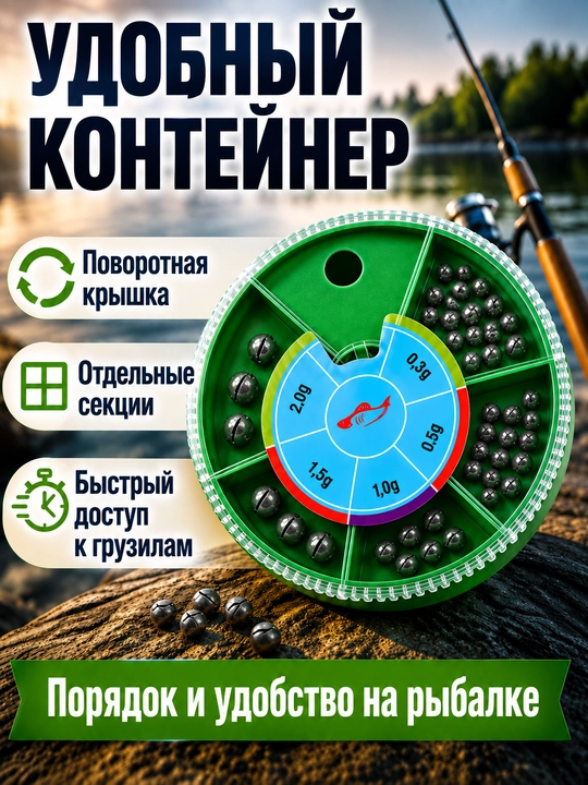 Набор свинцовых грузил для рыбалки 0,3–2 г, 5 размеров, контейнер, для поплавочной ловли