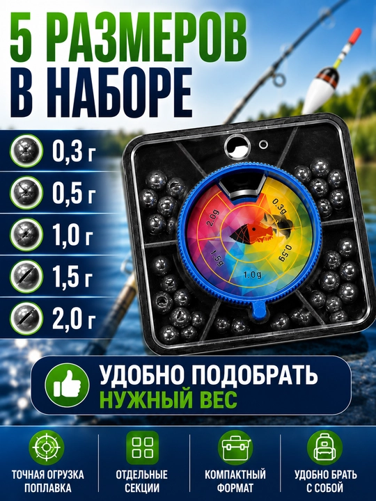 Набор свинцовых грузил для рыбалки 0,3–2 г, 5 размеров, контейнер, для поплавочной ловли