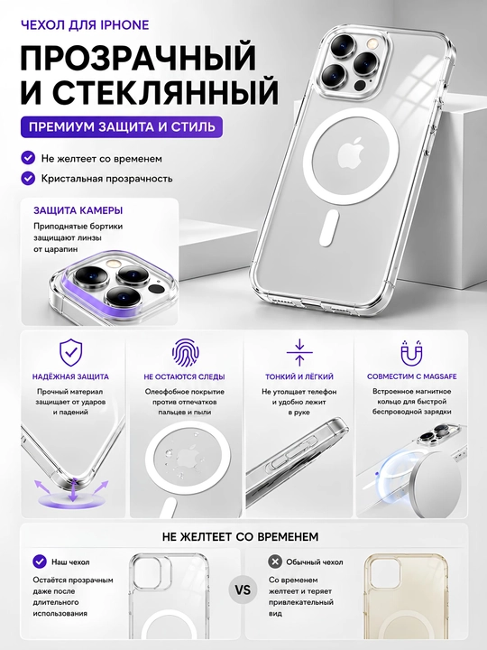 Прозрачный чехли на Iphone стеклянный, эластичные чехлы, MagSafe, премиум