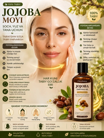 Jojoba moyi - soch, yuz va teri parvarishi uchun tabiiy moy, ajinlarga qarshi - 